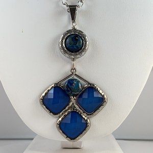 Silver Tone Trace Chain Necklace With Aqua Blue Crystals (NA1)
